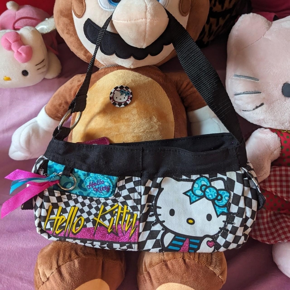 hello kitty x loungefly purse Blue, yellow, pink, black white checkered